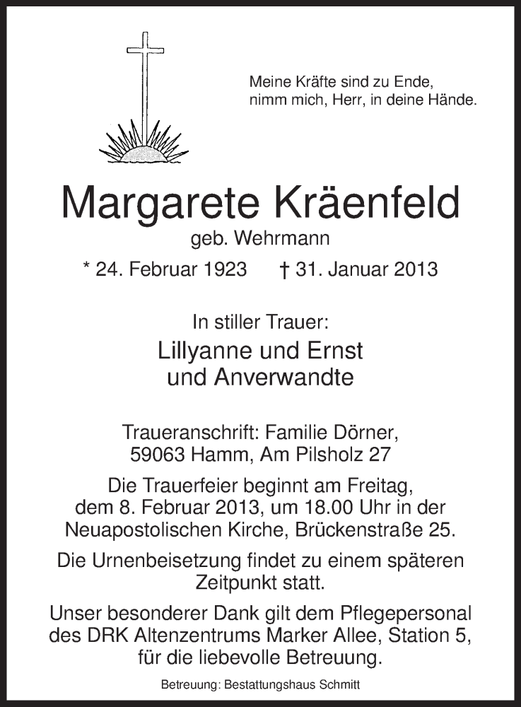  Traueranzeige für Margarete Kräenfeld vom 06.02.2013 aus MZV