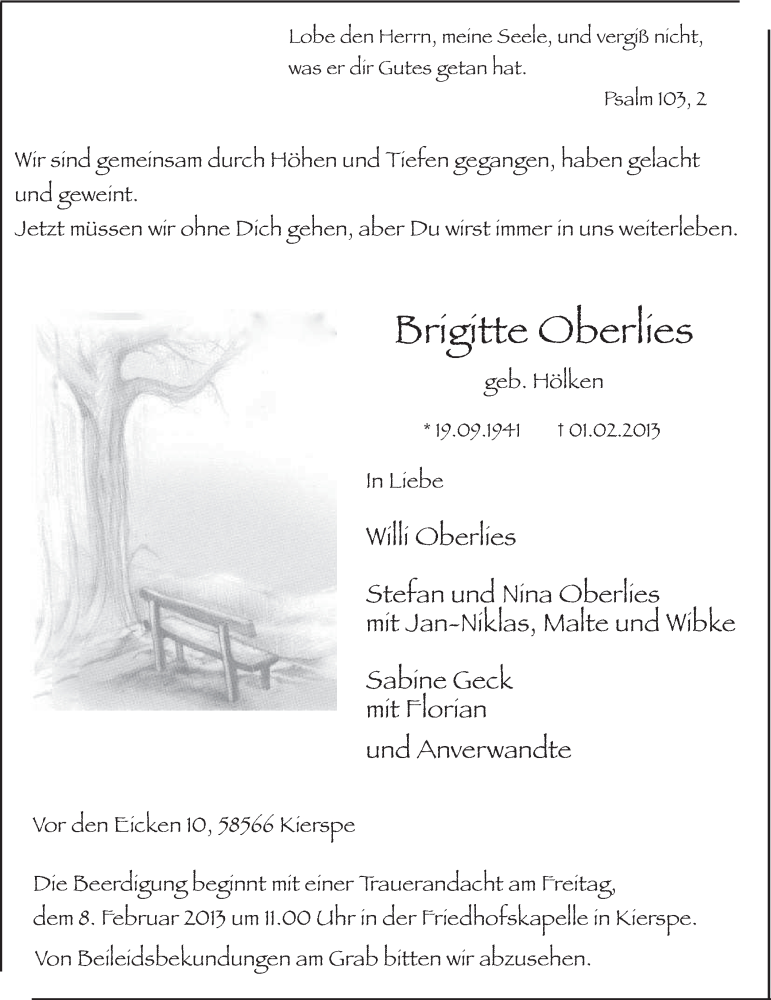  Traueranzeige für Brigitte Oberlies vom 06.02.2013 aus MZV
