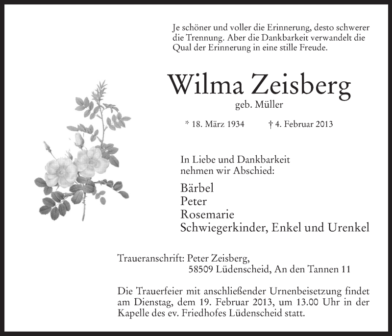  Traueranzeige für Wilma Zeisberg vom 12.02.2013 aus MZV