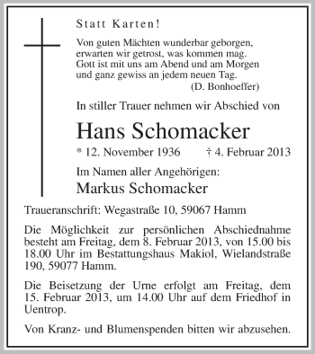 Traueranzeige von Hans Schomaker von MZV