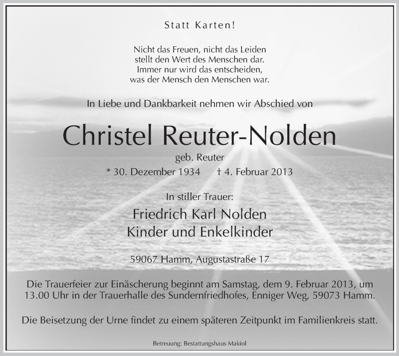  Traueranzeige für Christel Reuter-Nolden vom 07.02.2013 aus MZV