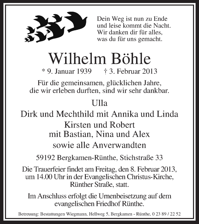  Traueranzeige für Wilhelm Böhle vom 07.02.2013 aus MZV