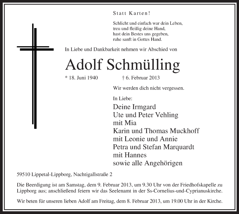  Traueranzeige für Adolf Schmülling vom 07.02.2013 aus MZV