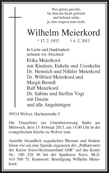 Traueranzeige von Wilhelm Meierkord von MZV