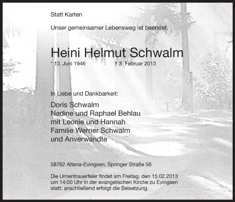  Traueranzeige für Heini Helmut Schwalm vom 11.02.2013 aus MZV