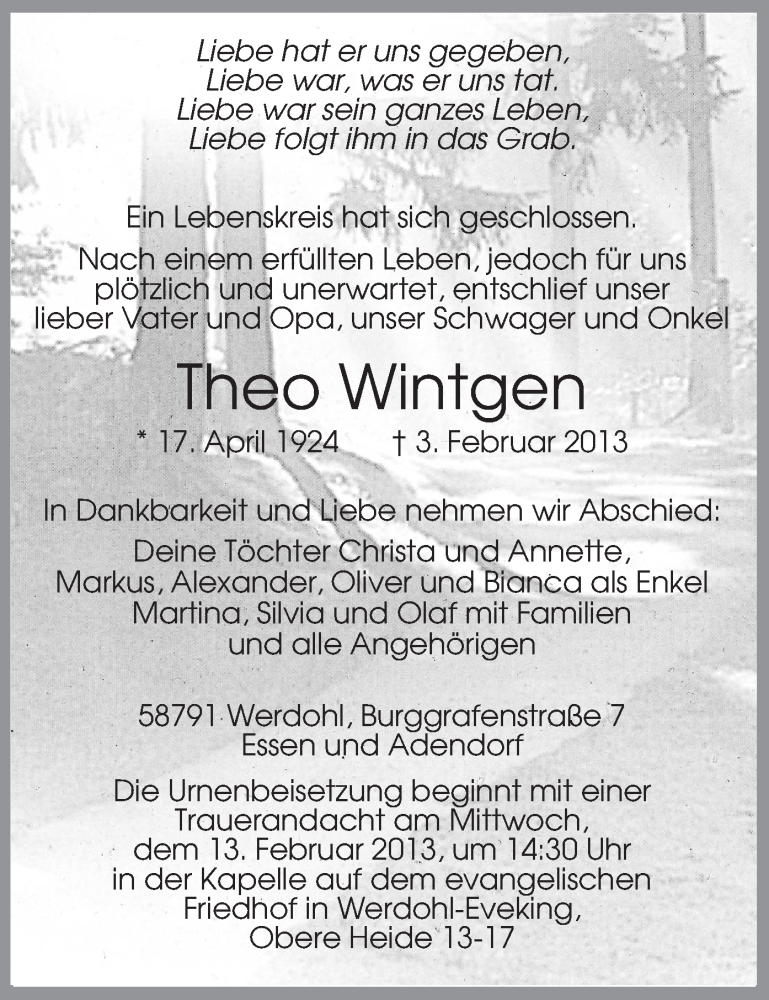  Traueranzeige für Theo Wintgen vom 08.02.2013 aus MZV