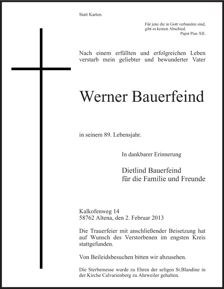  Traueranzeige für Werner Bauerfeind vom 09.02.2013 aus MZV