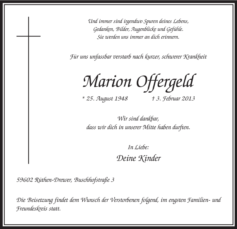  Traueranzeige für Marion Offergeld vom 08.02.2013 aus MZV