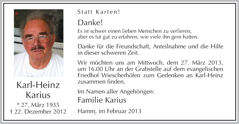  Traueranzeige für Karl-heinz Karius vom 09.02.2013 aus MZV