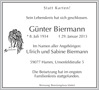 Traueranzeige von Günter Biermann von MZV