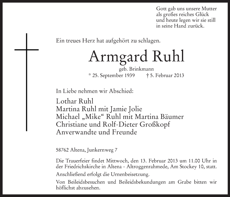  Traueranzeige für Armgard Ruhl vom 09.02.2013 aus MZV