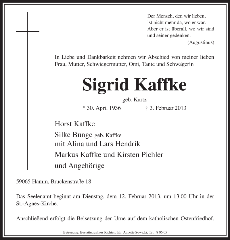  Traueranzeige für Siegrid Kaffke vom 09.02.2013 aus MZV
