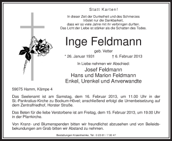 Traueranzeige von Inge Feldmann von MZV