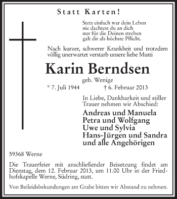 Traueranzeige von Karin Berndsen von MZV