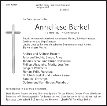 Traueranzeige von Anneliese Berkel von MZV