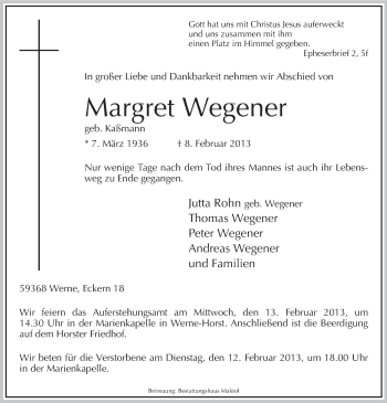 Traueranzeige von Margret Wegener von MZV