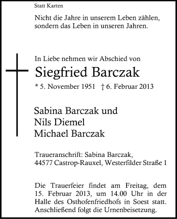 Traueranzeige von Siegfried Barczak von MZV