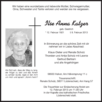 Traueranzeige von Ilse Anna Katzer von MZV