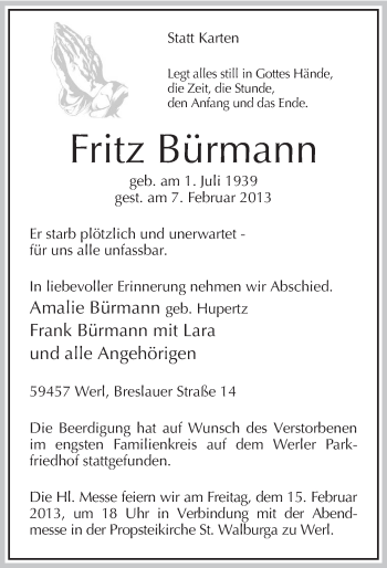 Traueranzeige von Fritz Bürmann von MZV