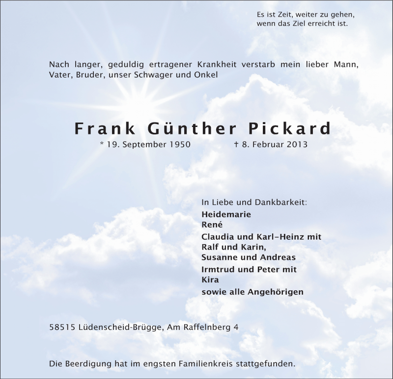  Traueranzeige für Frank Günther Pickard vom 23.02.2013 aus MZV
