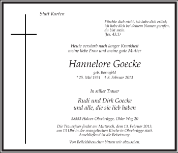 Traueranzeige von Hannelore Goecke von MZV
