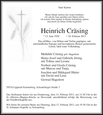 Traueranzeige von Heinrich Cräsing von MZV