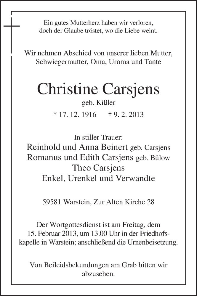  Traueranzeige für Christine Carsjens vom 12.02.2013 aus MZV