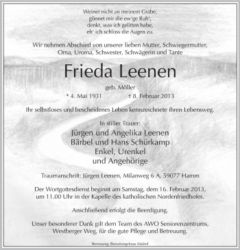 Traueranzeige von Frieda Leenen von MZV