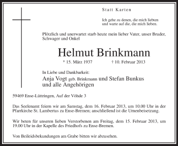 Traueranzeige von Helmut Brinkmann von MZV