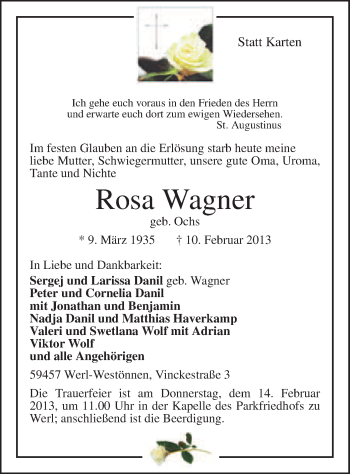 Traueranzeige von Rosa Wagner von MZV