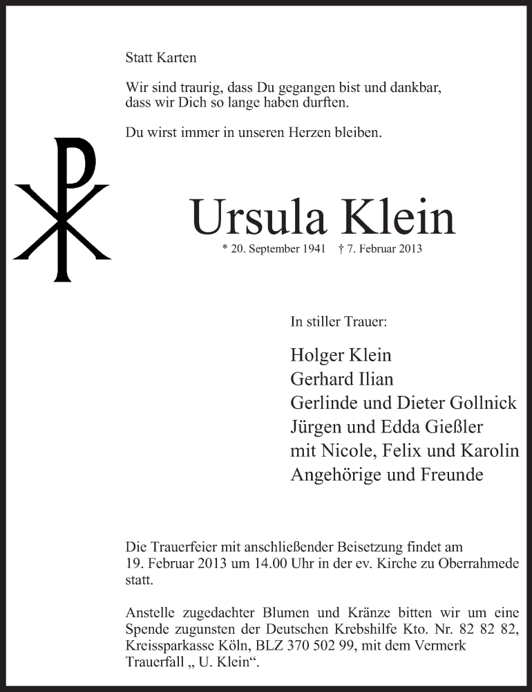  Traueranzeige für Ursula Klein vom 12.02.2013 aus MZV
