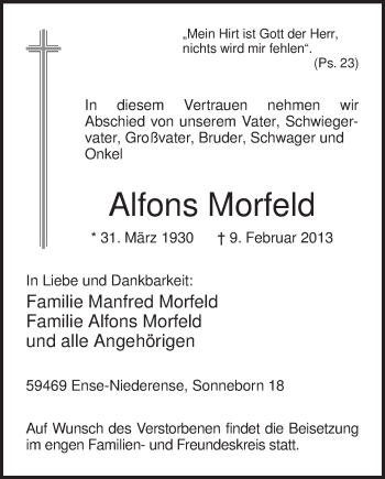 Traueranzeige von Alfons Morfeld von MZV