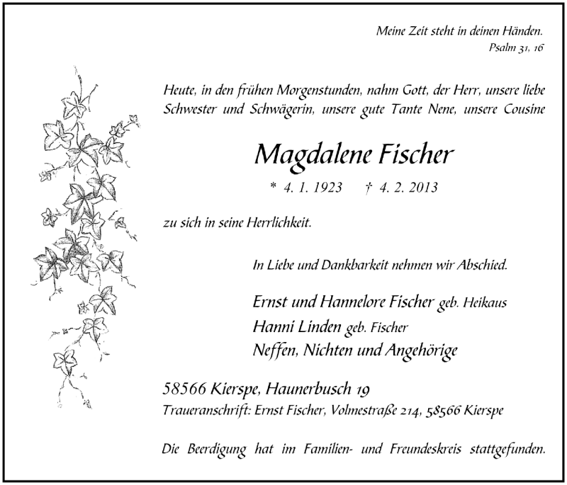  Traueranzeige für Magdalene Fischer vom 12.02.2013 aus MZV