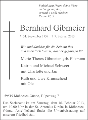 Traueranzeige von Bernhard Gibmeier von MZV