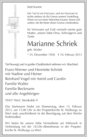 Traueranzeige von Marianne Schriek von MZV