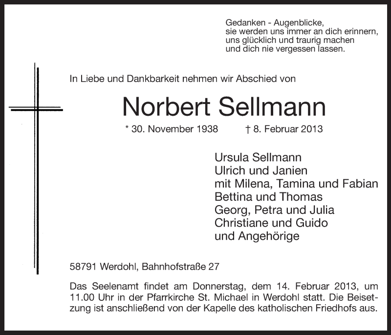  Traueranzeige für Norbert Sellmann vom 12.02.2013 aus MZV