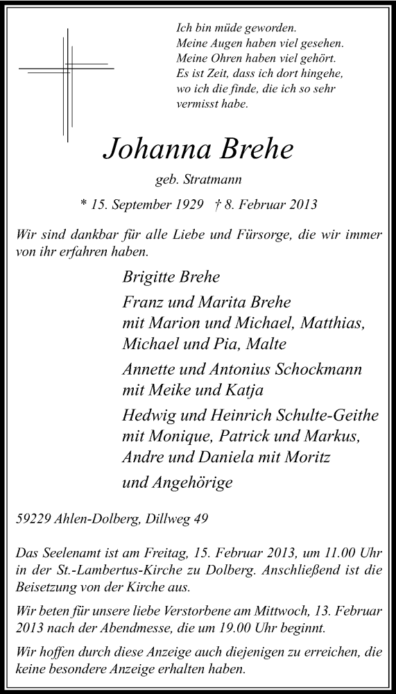  Traueranzeige für Johanna Brehe vom 12.02.2013 aus MZV