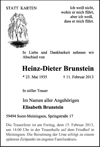Traueranzeige von Heinz-Dieter Brunstein von MZV