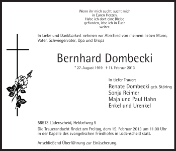 Traueranzeige von Bernhard Dombecki von MZV