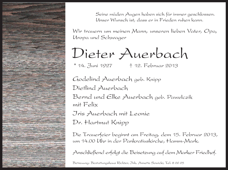  Traueranzeige für Dieter Auerbach vom 13.02.2013 aus MZV