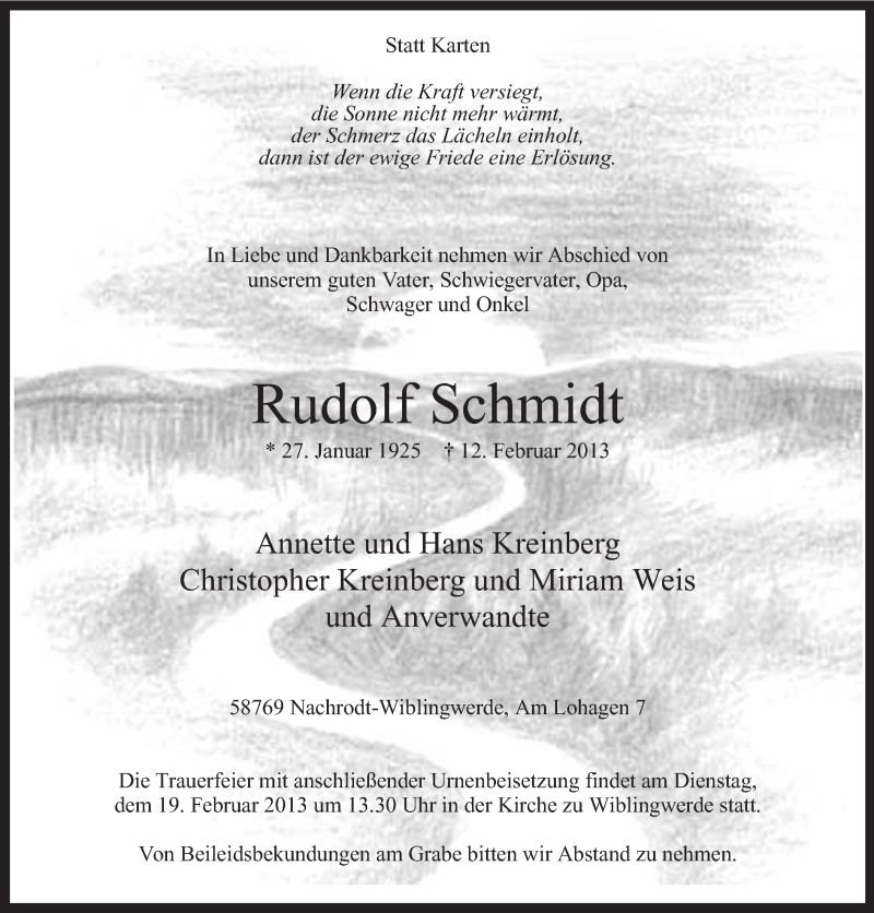  Traueranzeige für Rudolf Schmidt vom 15.02.2013 aus MZV