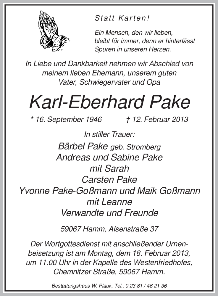  Traueranzeige für Karl-Eberhard Pake vom 14.02.2013 aus MZV