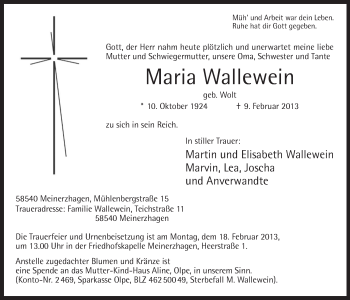 Traueranzeige von Maria Wallewein von MZV