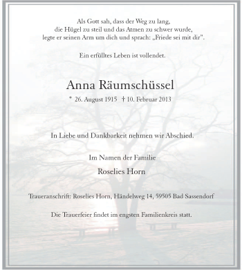 Traueranzeige von Anna Räumschüssel von MZV