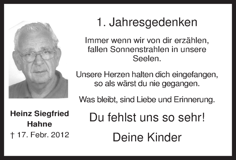  Traueranzeige für Heinz Siegfried Hahne vom 16.02.2013 aus MZV