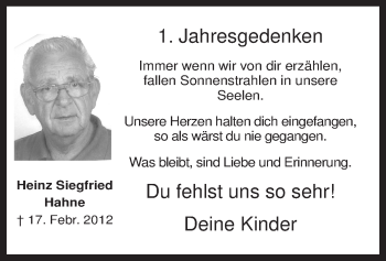 Traueranzeige von Heinz Siegfried Hahne von MZV
