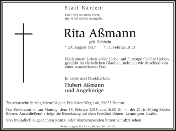 Traueranzeige von Rita Aßmann von MZV