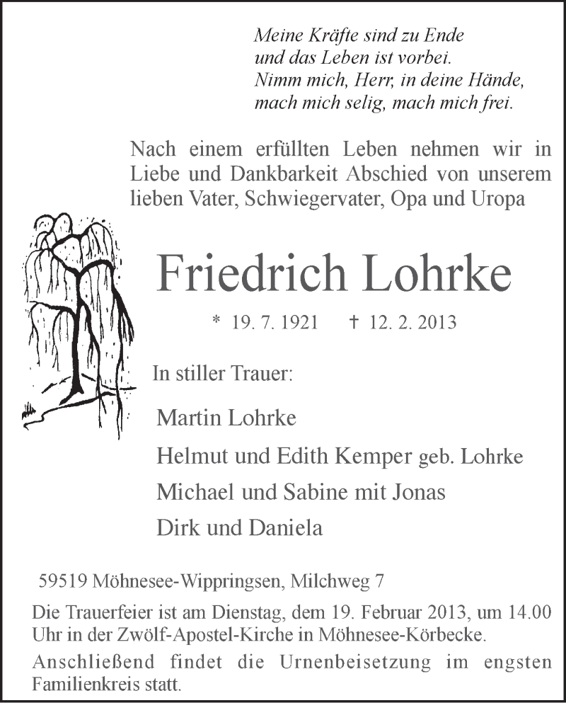  Traueranzeige für Friedrich Lohrke vom 15.02.2013 aus MZV