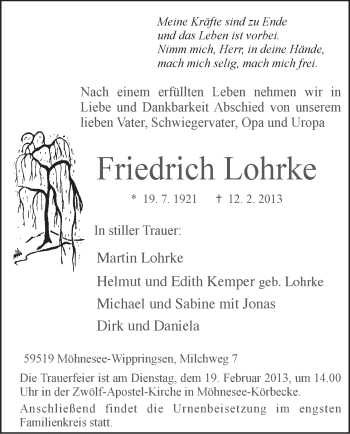 Traueranzeige von Friedrich Lohrke von MZV