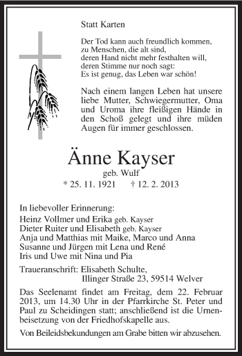 Traueranzeige von Änne Kayser von MZV
